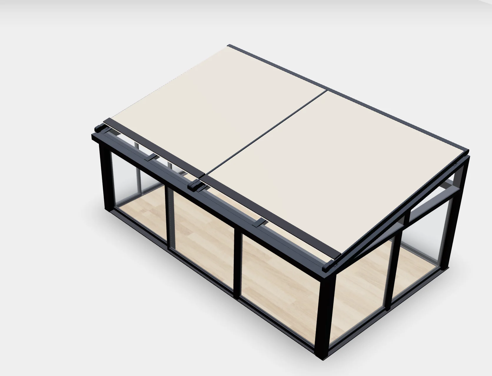 Configurador 3D de verandas y cubiertas de vidrio Vista 3D de una veranda a medida con paneles de cubierta enmarcados y cerramientos correderos de vidrio.